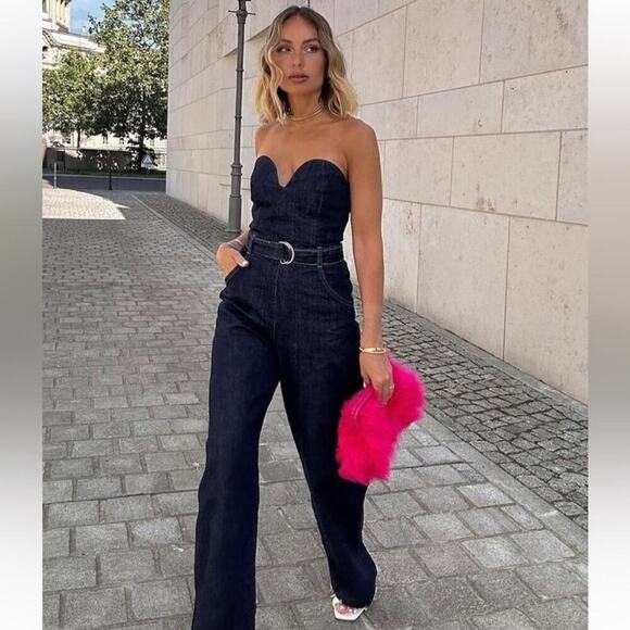 Zara Dark Blue ZW DENIM BUSTIER JUMPSUIT Size Medium - Picture 1 of 16